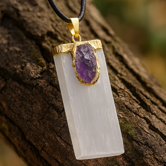 💜 Gypsum + Amethyst – Intuition & Calm Strip Pendant