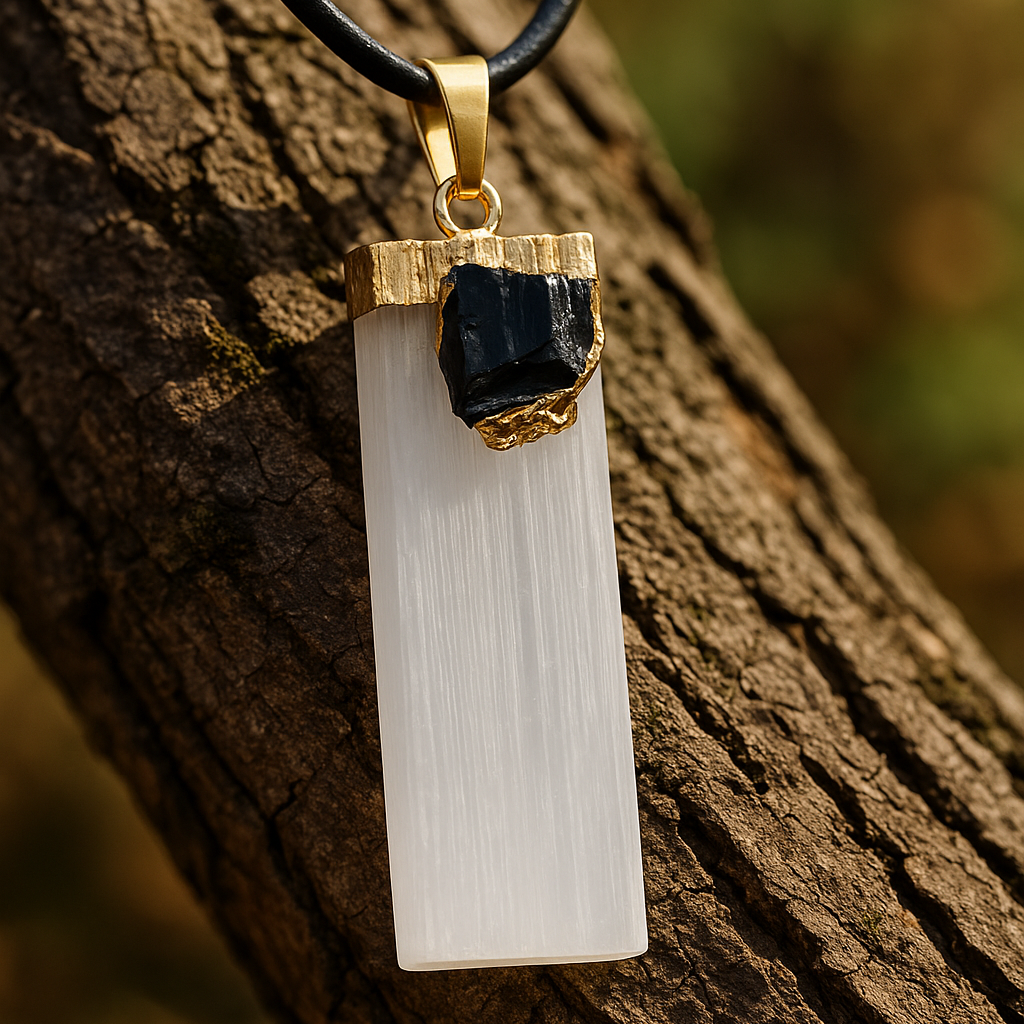 🖤 Gypsum + Black Tourmaline – Protection & Grounding Strip Pendant