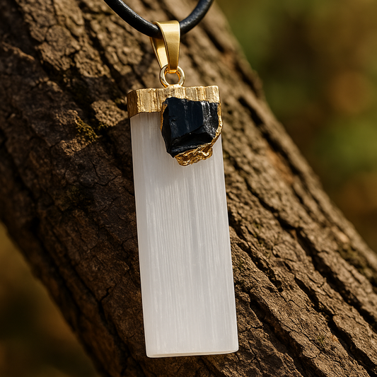 🖤 Gypsum + Black Tourmaline – Protection & Grounding Strip Pendant