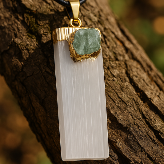 Pendant with green stone and gold accents on a black cord, hanging on a tree branch.