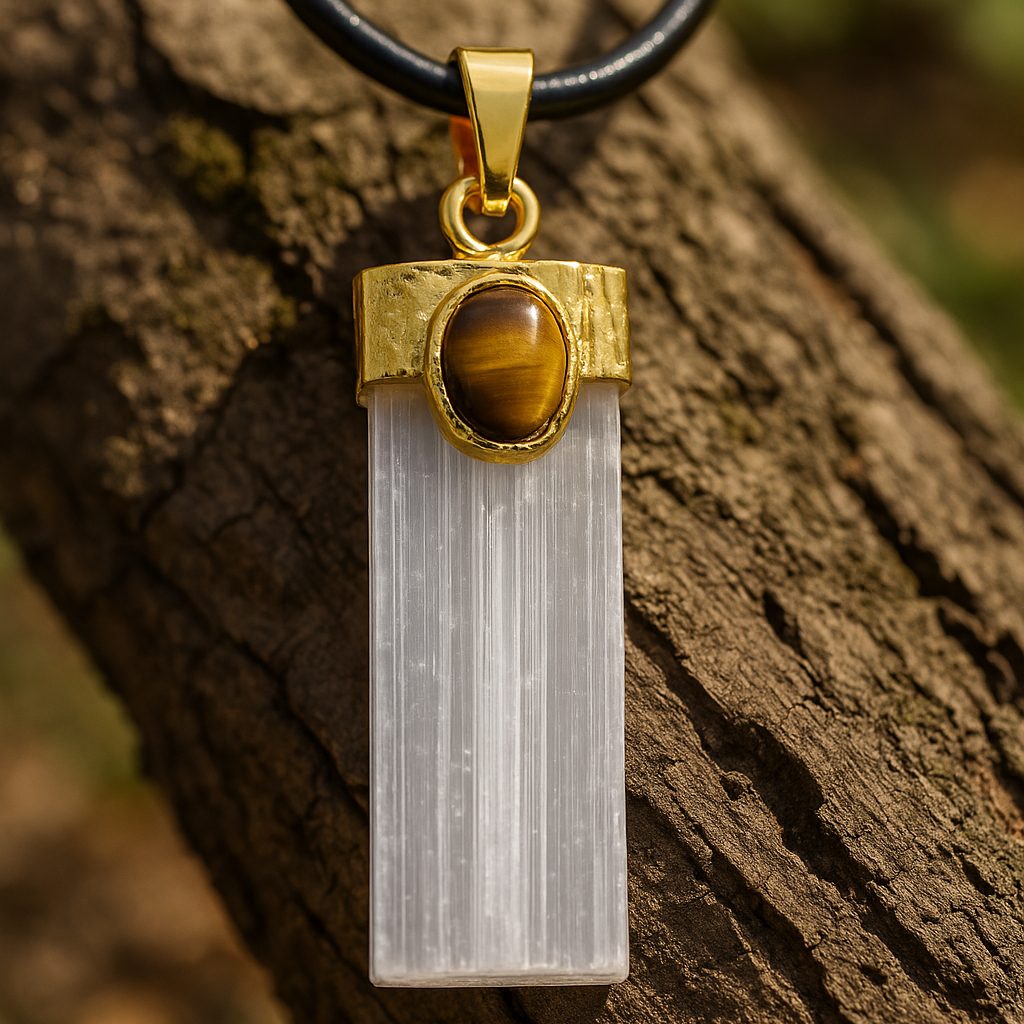 🐯 Gypsum + Tiger’s Eye – Strength & Clarity Strip Pendant