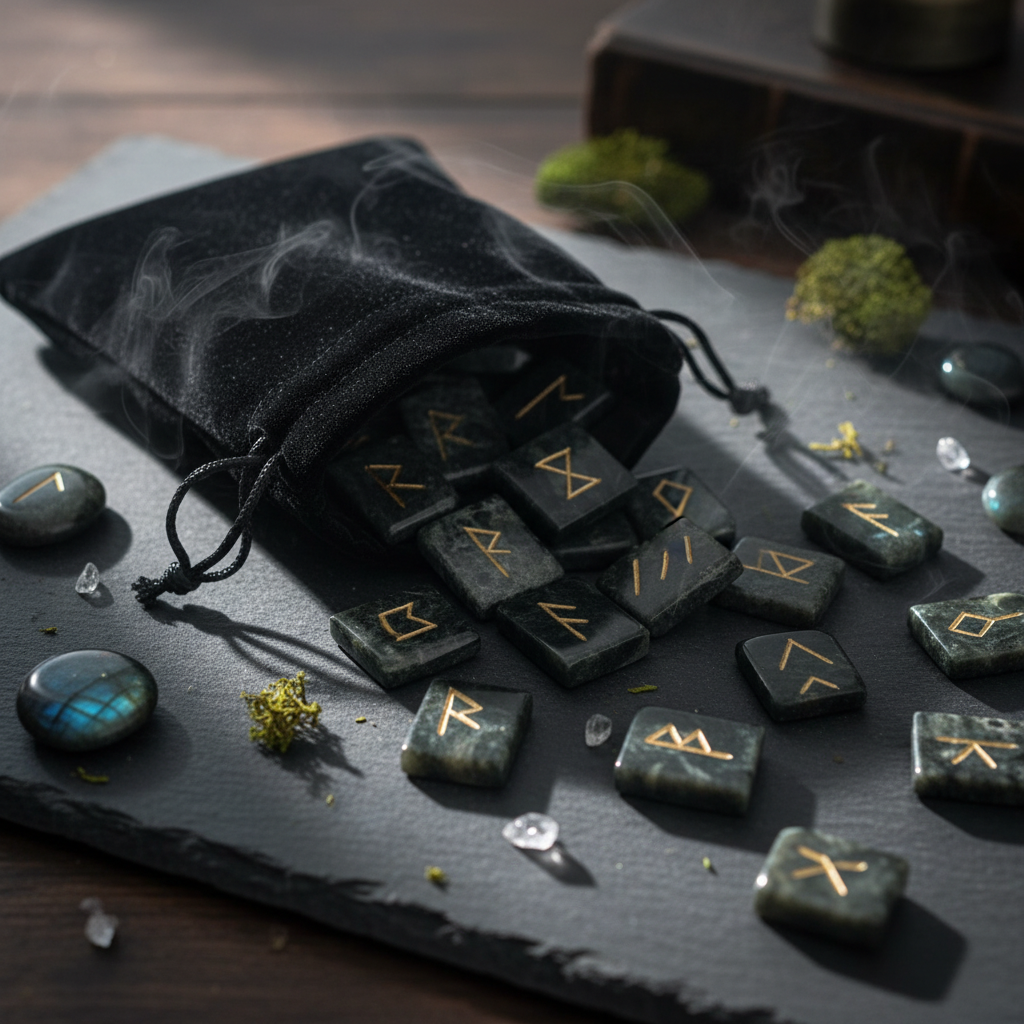 Kambaba Jasper Runes Set - Black Velvet Bag, Raw Selenite Wand & Mini Rune Book