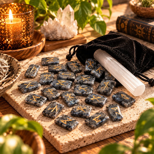 Larvikite Runes Set - Raw Selenite Wand & Black Velvet Bag