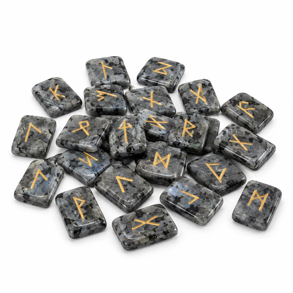 Larvikite Runes Set - Raw Selenite Wand & Black Velvet Bag