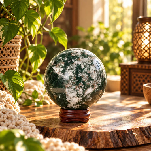 Moss Agate Sphere 297g with Stand