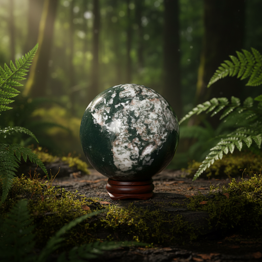 Moss Agate Sphere 297g with Stand_Embrace Bohemia