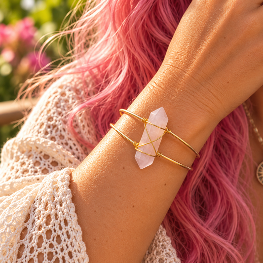 Rose Quartz – Heart light Gold Plated Tower Cuff Bracelet