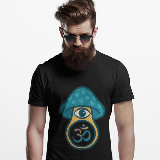Man wearing a black t-shirt with a blue and green mushroom design featuring an eye and om symbol.