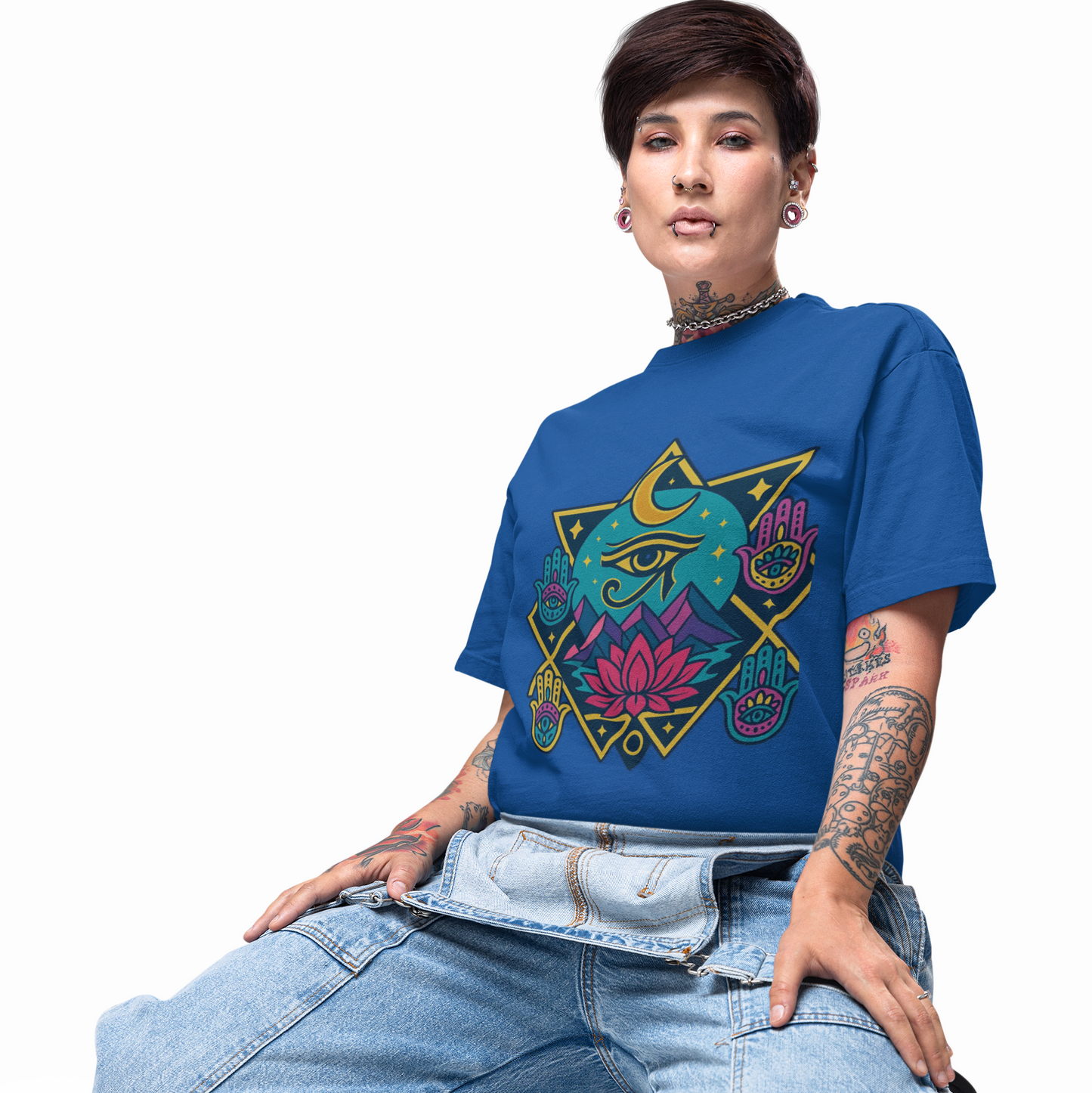 Person wearing a blue t-shirt with a colorful graphic design on a white background