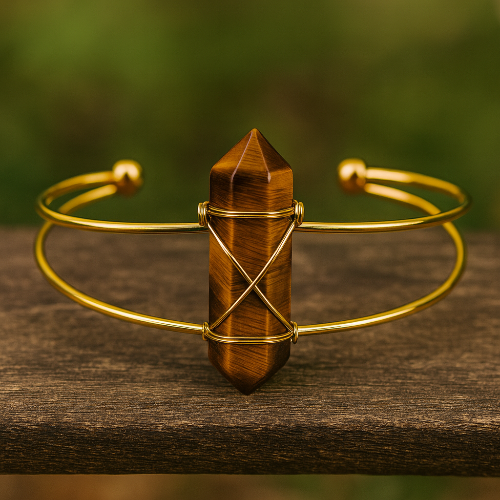 Gold bracelet with a tiger's eye crystal on a wooden surface