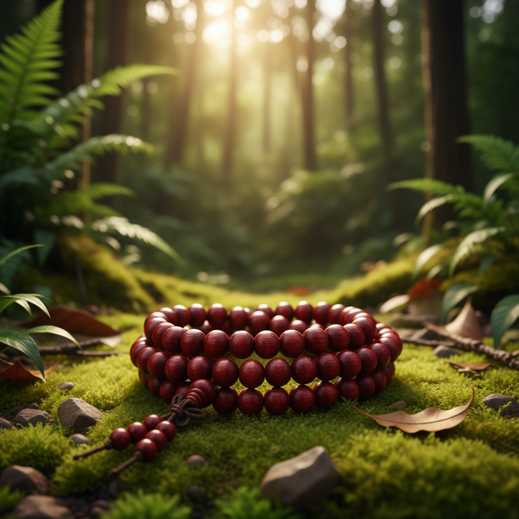 Close-up forest-themed burgundy wooden prayer beads