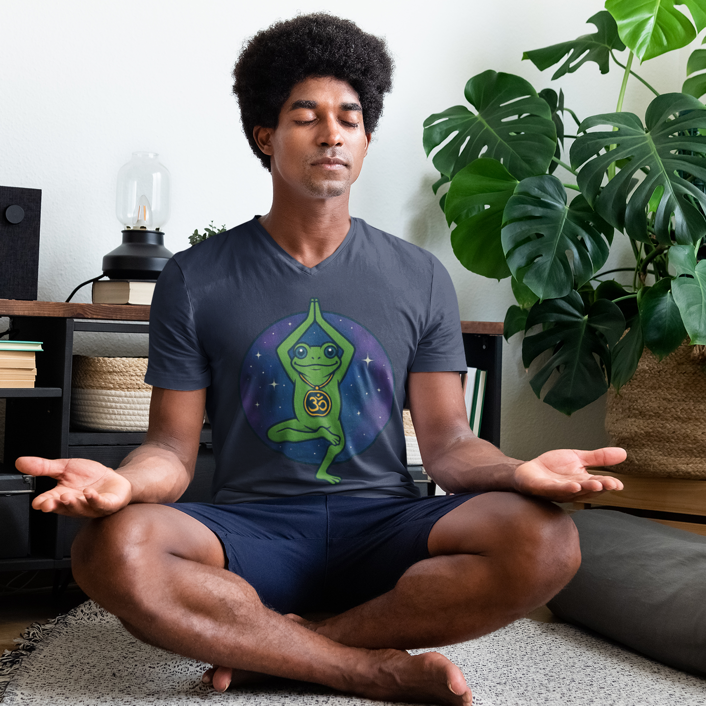 Man meditating in a room with plants and books