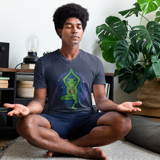 Man meditating in a room with plants and books