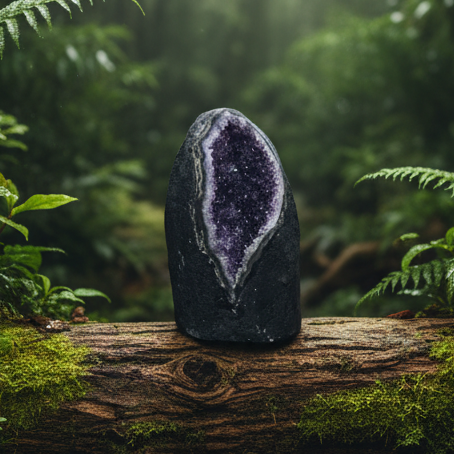 Amethyst geode in natural rainforest setting