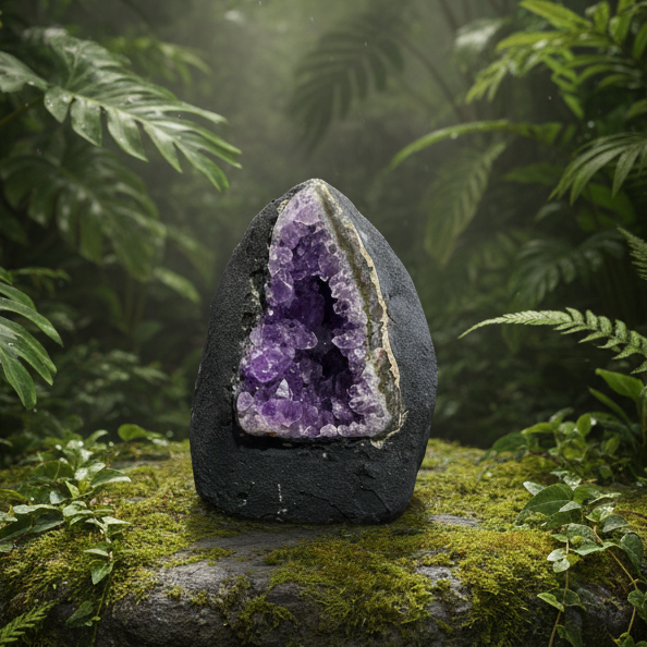 Amethyst geode in rainforest setting