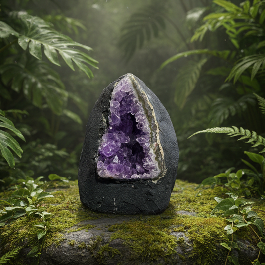 Amethyst geode in rainforest setting
