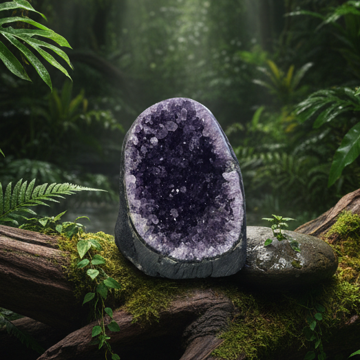 Amethyst geode in rainforest setting