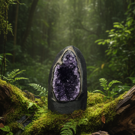 Amethyst geode in rainforest setting