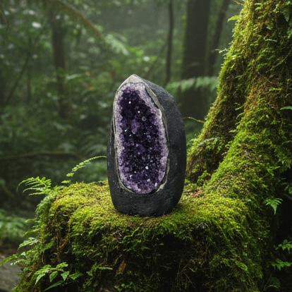 Amethyst geode in rainforest setting