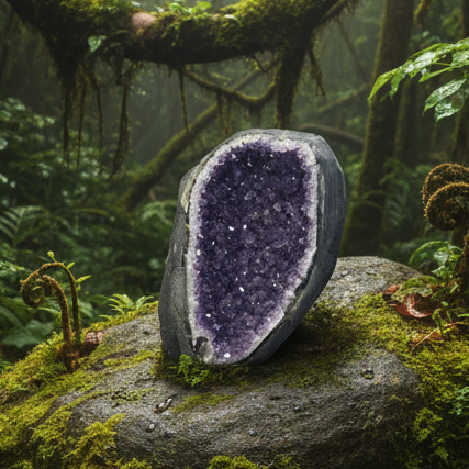 Amethyst geode in rainforest setting