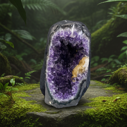 Amethyst geode in rainforest setting