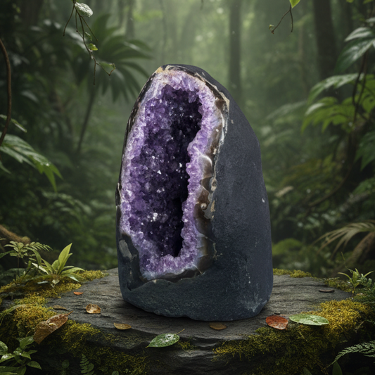 Amethyst geode in rainforest setting