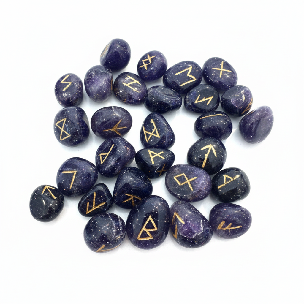 Amethyst Runes Set - Raw Selenite Wand & Black Velvet Bag