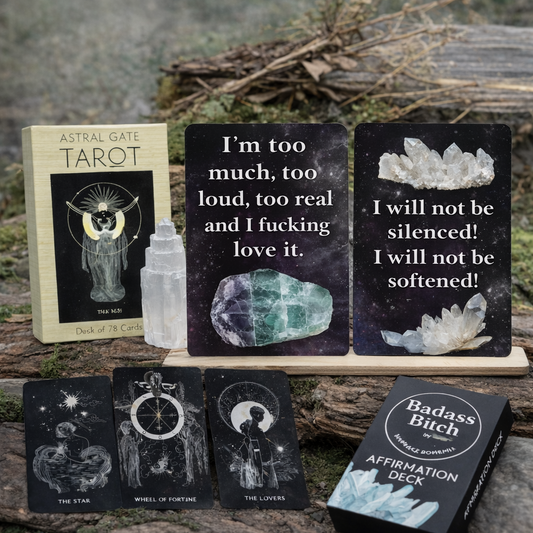 Badass Divination Power Set - Astral Gate Tarot, Affirmation Deck, Card Holder & Selenite