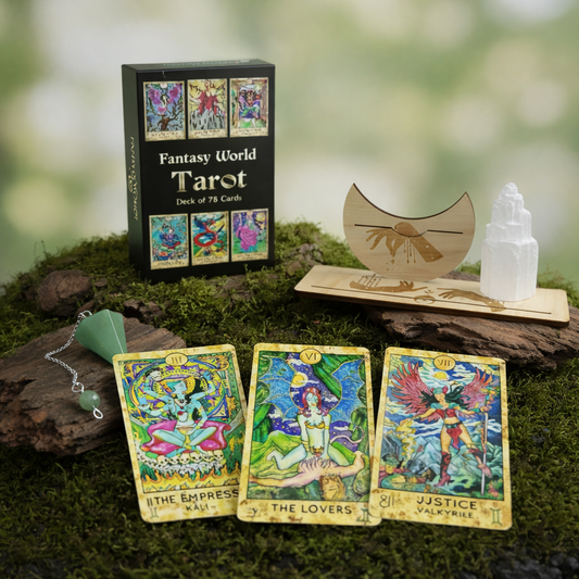 Divination Starter Pack - Fantasy World Tarot, Pendulum, Selenite Tower & Card Holder