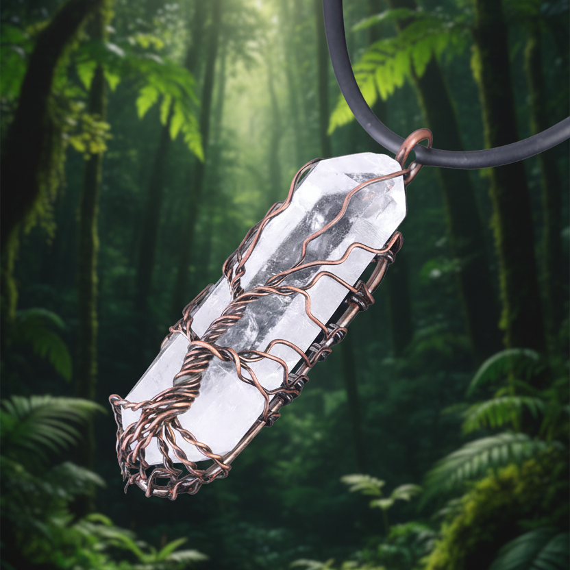 Clear Quartz Wire Wrap Pendant - Rainforest Aesthetic