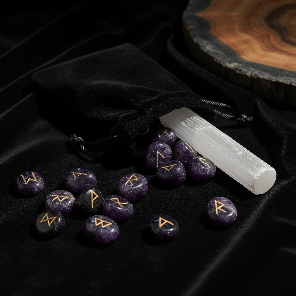 Complete amethyst rune kit with bag and selenite