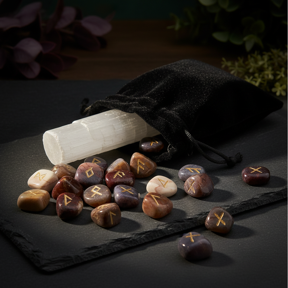 Mookaite Jasper Runes Set with Selenite Wand & Velvet Bag – Embrace Bohemia