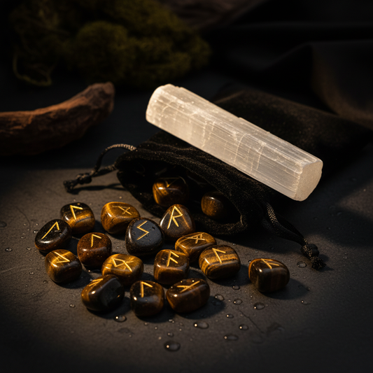 Complete rune set with actual selenite wand