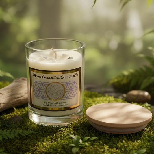 Divine Connection Moonstone Candle in Natural Outdoor Setting