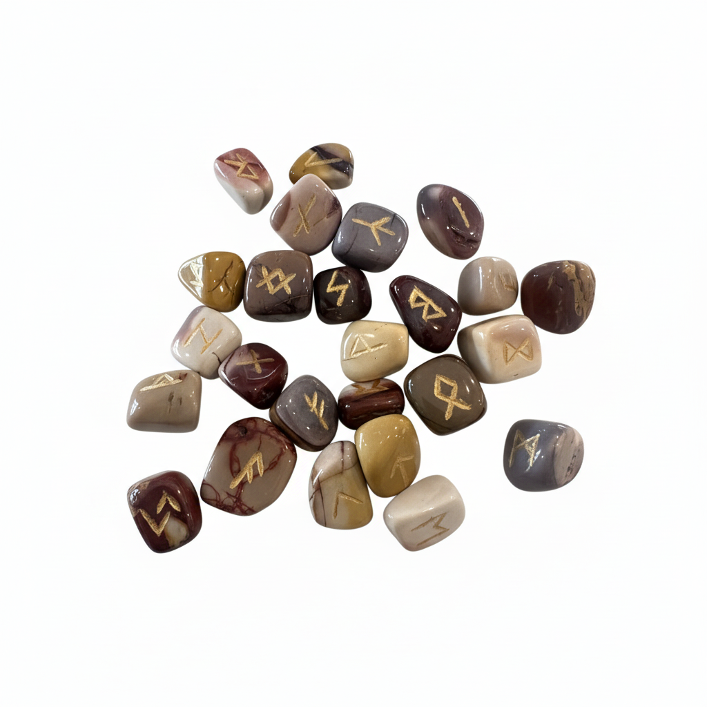 Mookaite Jasper Runes Set - Raw Selenite Wand & Black Velvet Bag