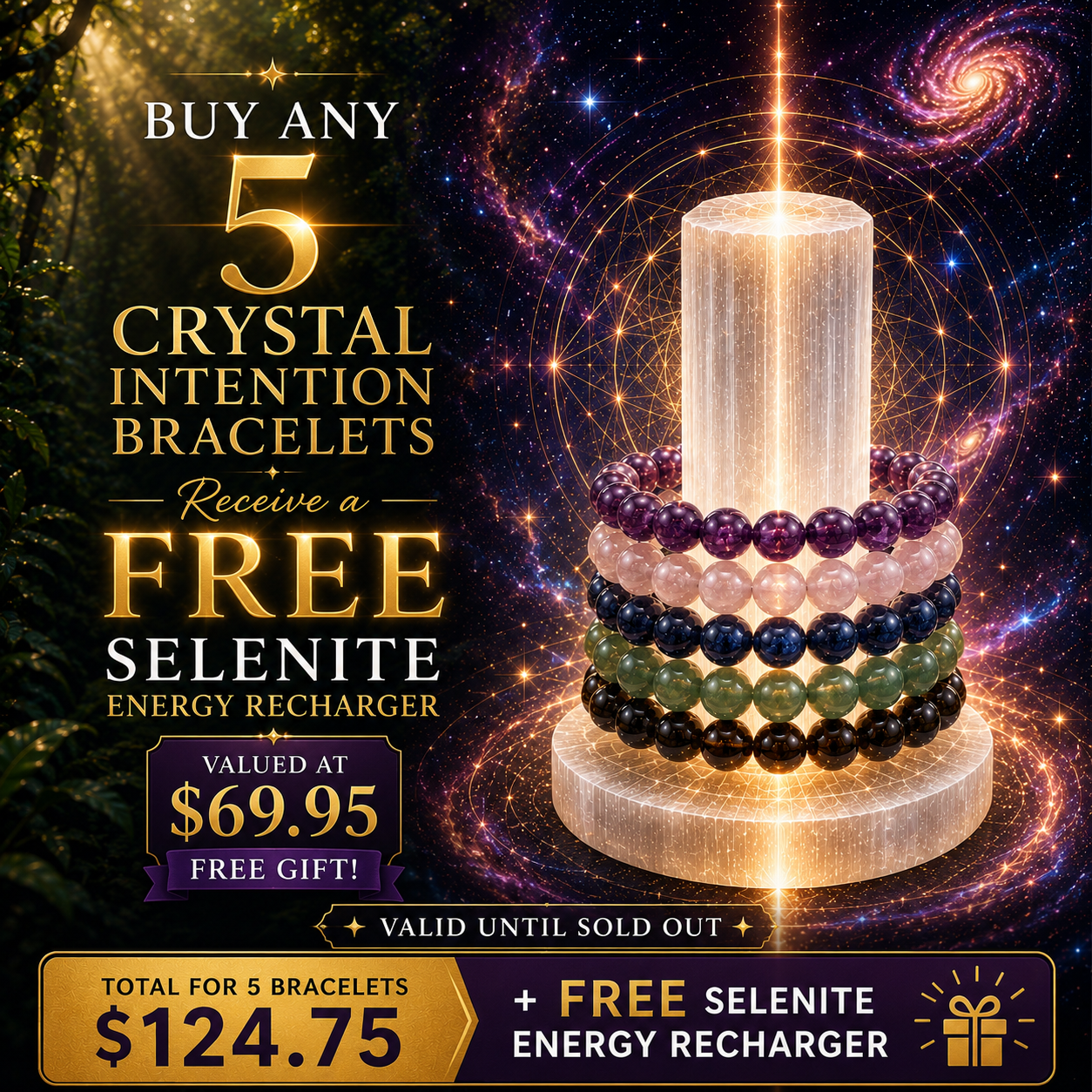Buy any 5 Crystal Intention Bracelets, receive a free Selenite Energy Recharger
