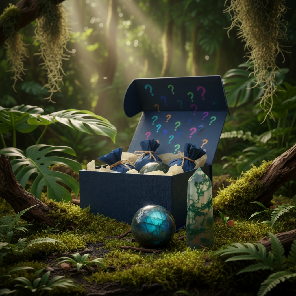 Mystery Crystal Gift Box - Final Version with Blue Wrapping and Question Marks