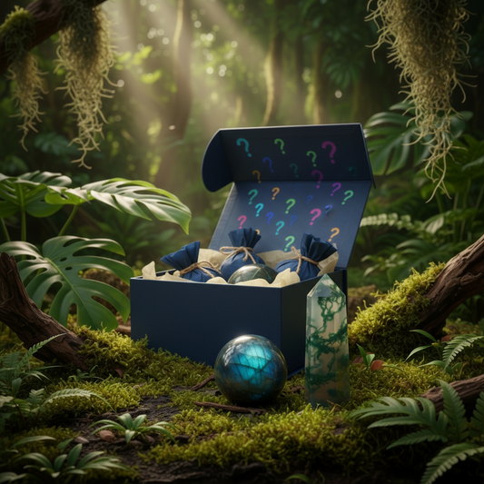 Mystery Crystal Gift Box - Final Version with Blue Wrapping and Question Marks
