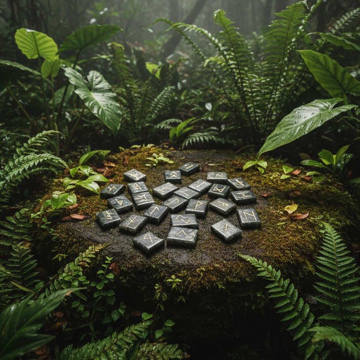 Rune stones in rainforest setting
