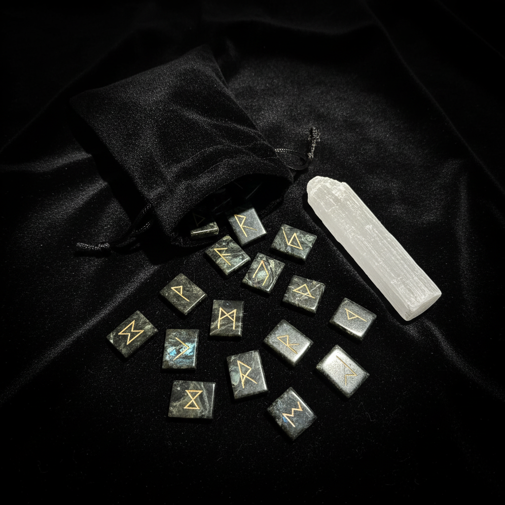 Rune stones with black velvet bag and selenite wand
