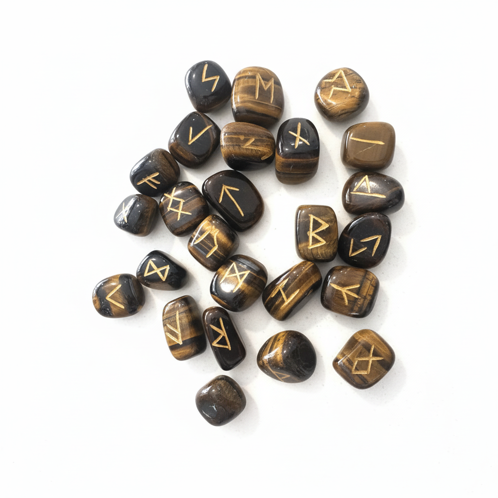 Tiger's Eye Runes Set - Raw Selenite Wand & Black Velvet Bag